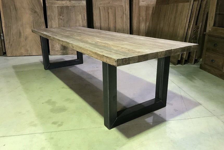 Teak kloostertafel 300x100 stalen U poot