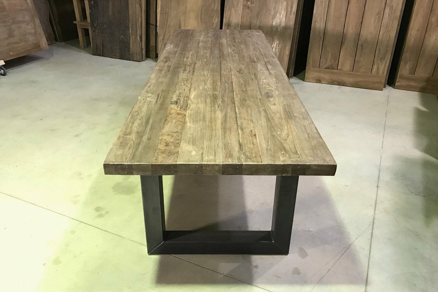 Teak kloostertafel 300x100 stalen U poot