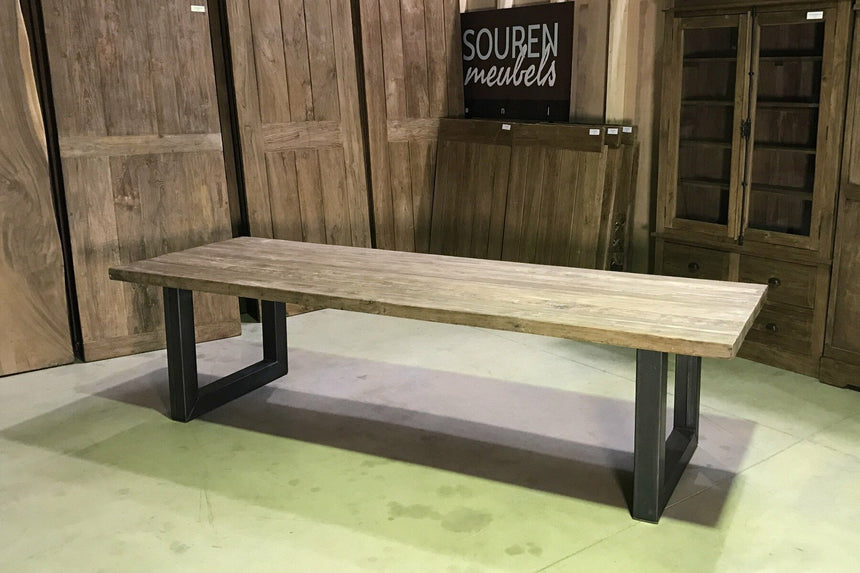 Teak kloostertafel 300x100 stalen U poot