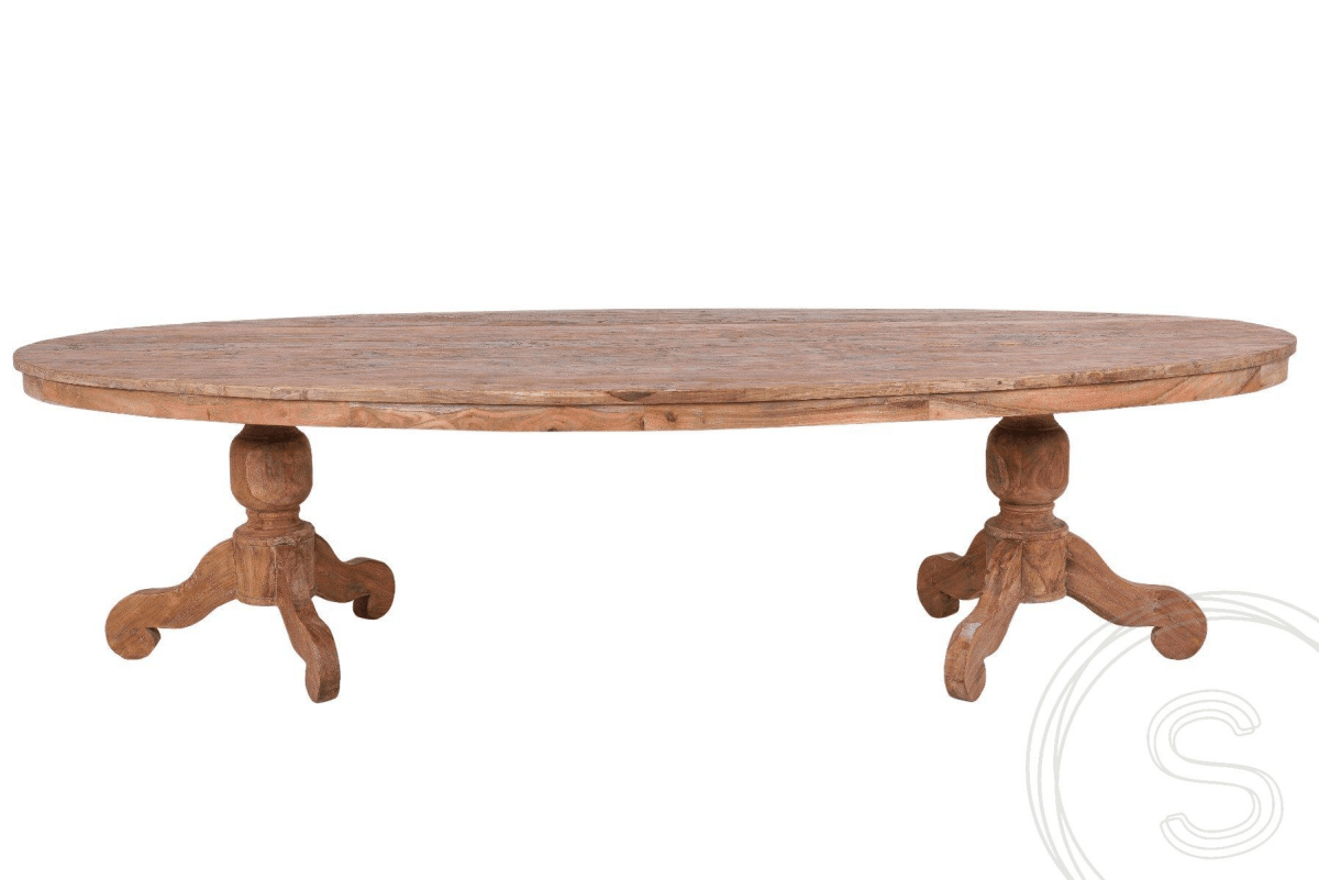 Ovale teak tafel 300x120cm + 8 Stoelen