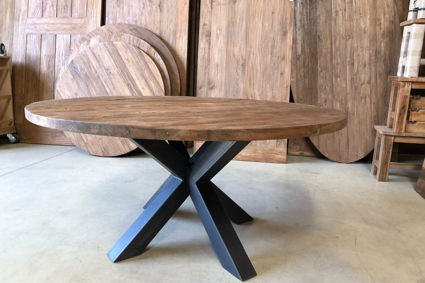 Ronde teak tafel stalen onderstel