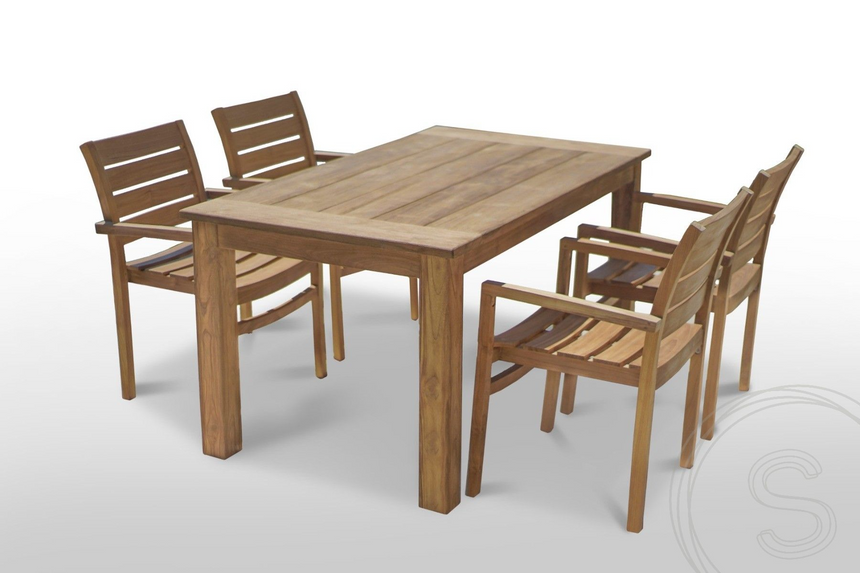 Teak tuintafel 160 x 90 + 4 stapelbare tuinstoelen stacking