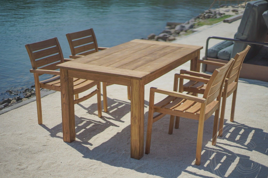 Teak tuintafel 160 x 90 + 4 stapelbare tuinstoelen stacking