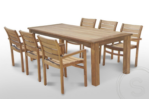 Teak tuintafel 220 x 100 + 6 stapelbare tuinstoelen stacking