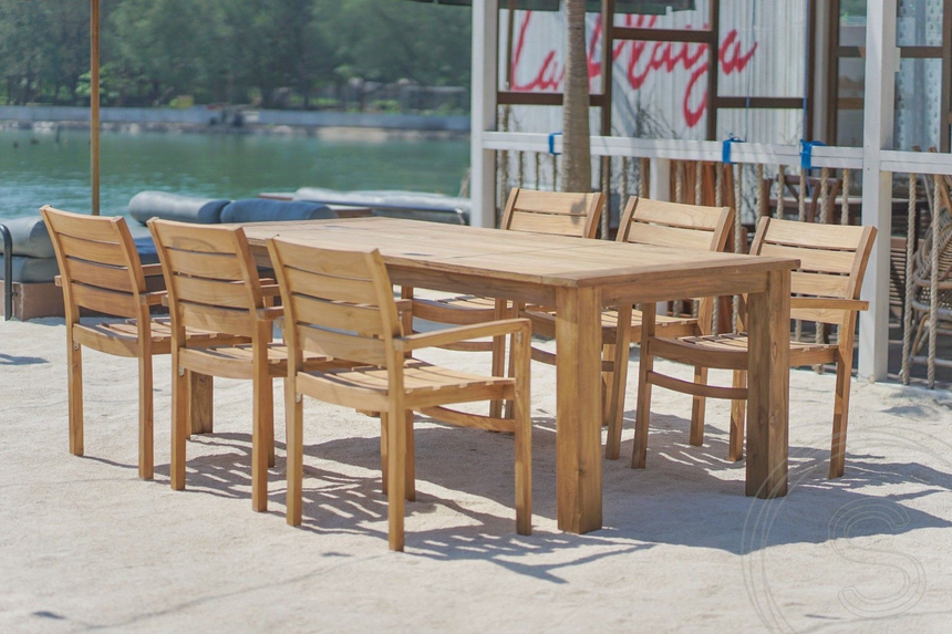 Teak tuintafel 220 x 100 + 6 stapelbare tuinstoelen stacking