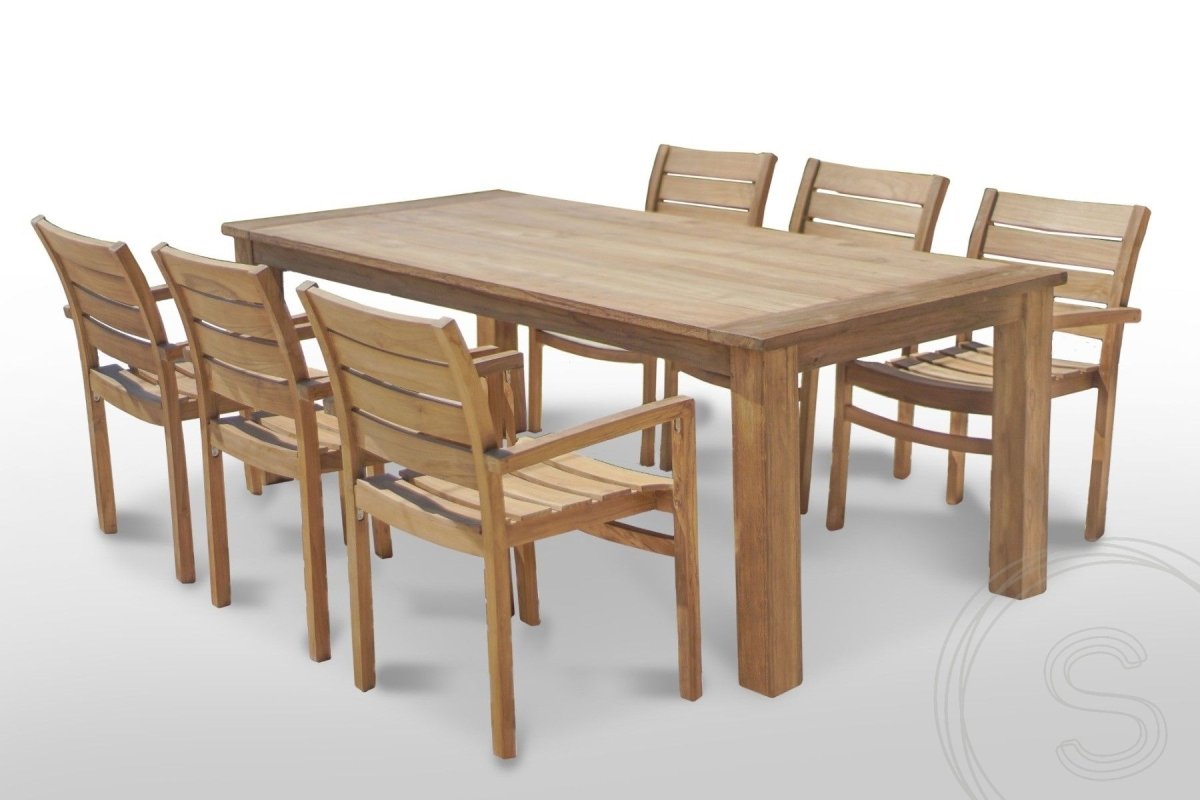 Teak tuintafel 220x100cm + 6 stapelstoelen