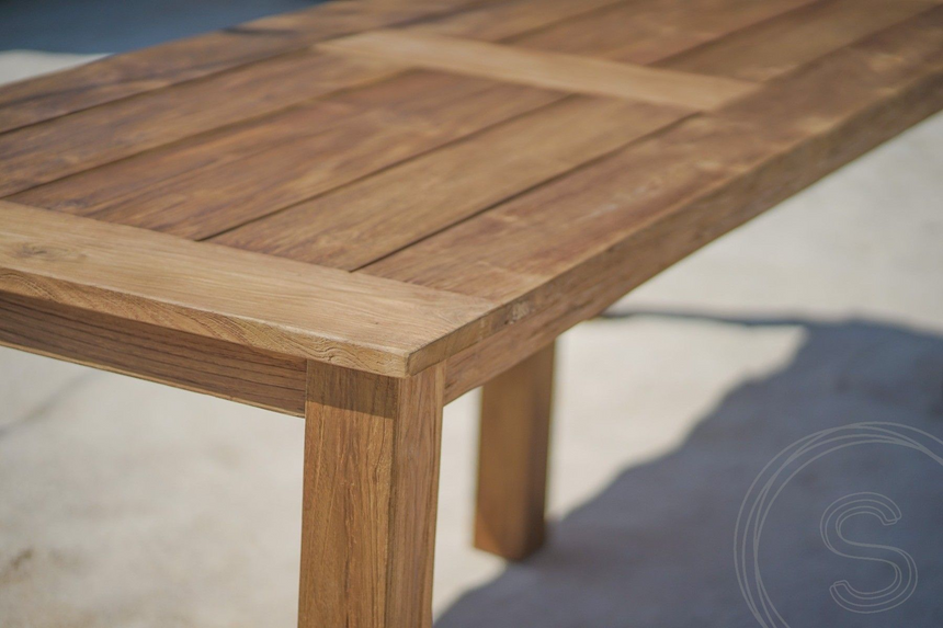 Teak tuintafel 240 x 100 + 8 stapelbare tuinstoelen stacking