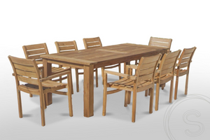 Teak tuintafel 240 x 100 + 8 stapelbare tuinstoelen stacking