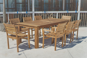 Teak tuintafel 240 x 100 + 8 stapelbare tuinstoelen stacking