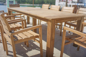 Teak tuintafel 280 x 100 + 10 stapelbare tuinstoelen stacking