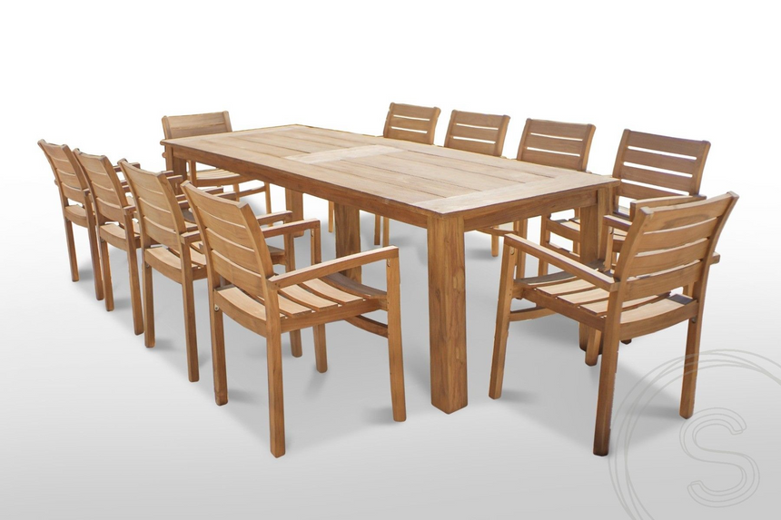 Teak tuintafel 280 x 100 + 10 stapelbare tuinstoelen stacking