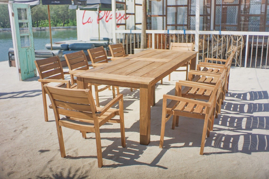 Teak tuintafel 280 x 100 + 10 stapelbare tuinstoelen stacking