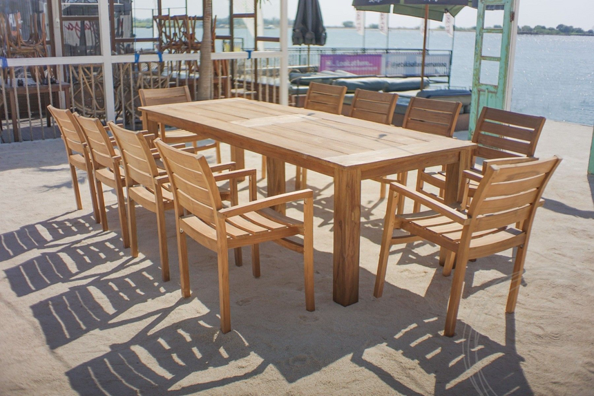 Teak tuintafel 280 x 100 + 10 stapelbare tuinstoelen stacking