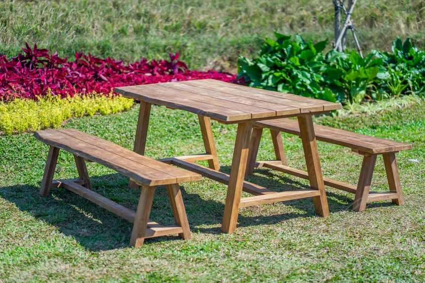 Teak garden table Java 180 x 90 + 2 Teak garden benches Java 180