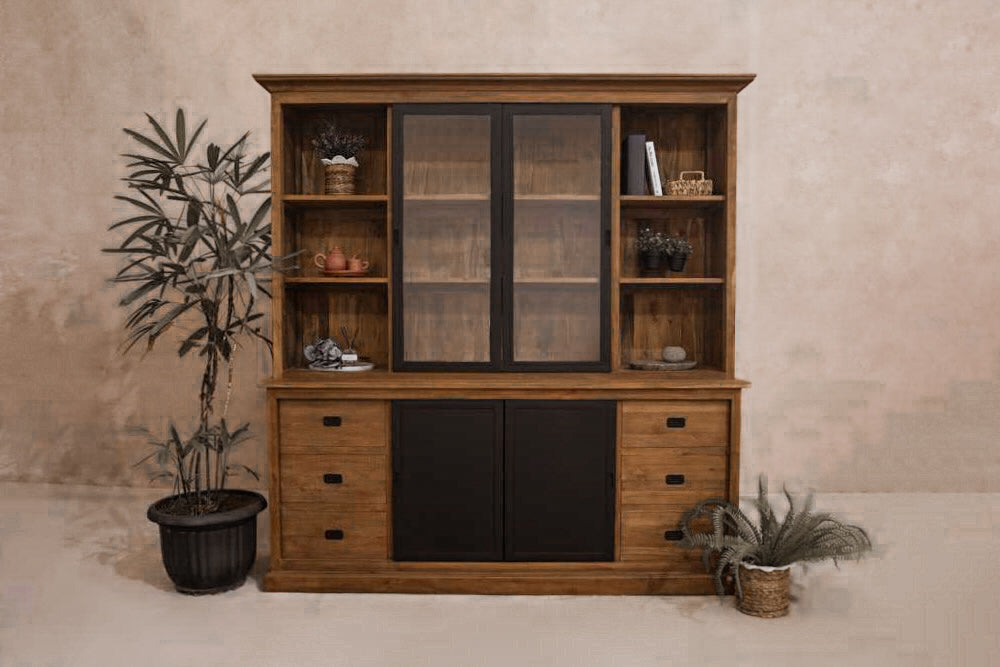 Teak buffetkast met stalen deuren 200cm