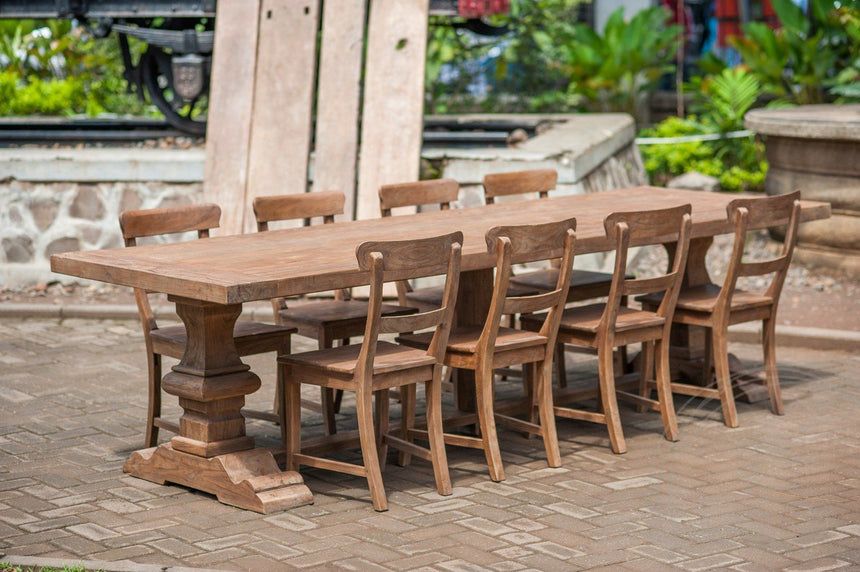 Teak kloostertafel 300x100 + 8 stoelen