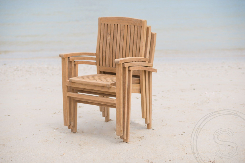 Teak tuintafel 240x100cm + 5 stapelstoelen + bank