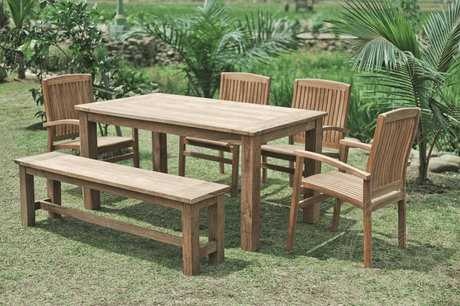 Teak tuintafel 160x90cm + 4 stapelstoelen + bank