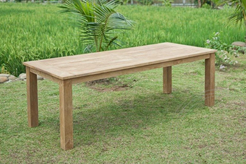 Teak tuintafel 240x100cm + 5 stapelstoelen + bank