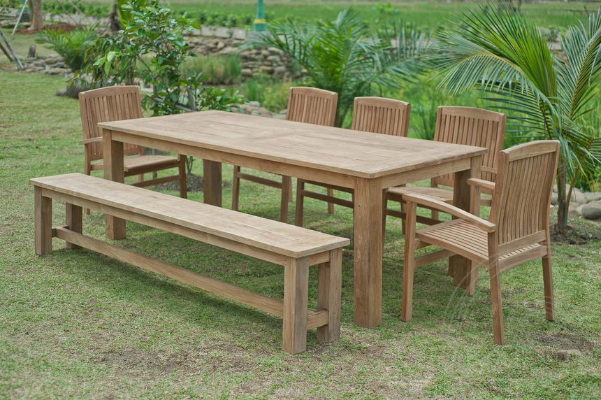 Teak tuintafel 240x100cm + 5 stapelstoelen + bank