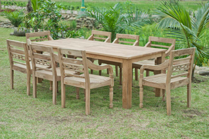 Teak tuintafel 260 x 100 + 8 stapelbare tuinstoelen stacking