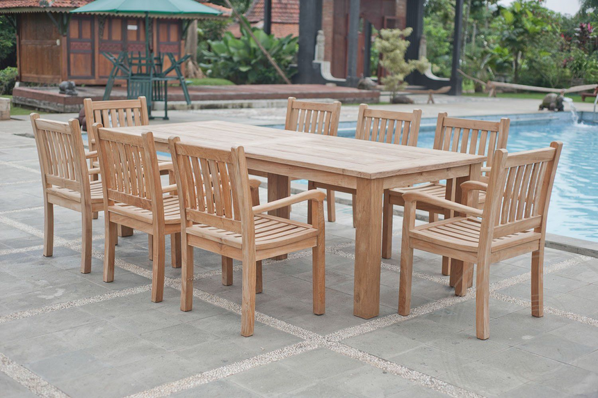 Teak tuintafel 260x100cm + 8 beaufort stoelen