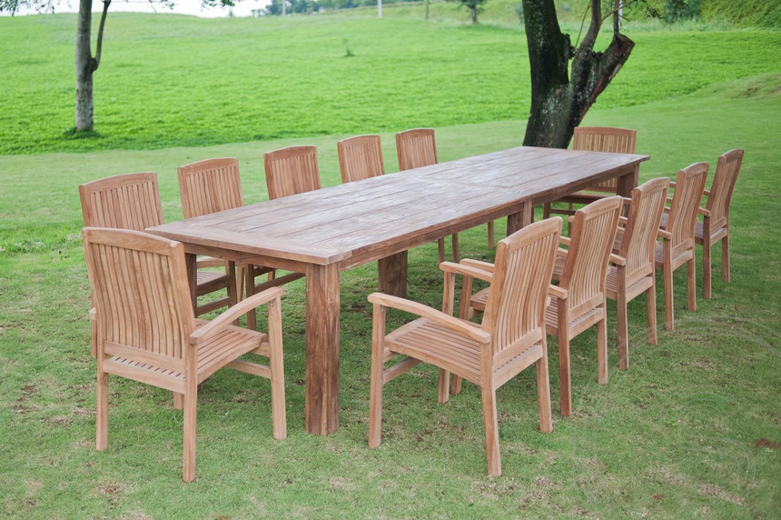 Teak tuintafel 400x100cm + 12 stapelstoelen